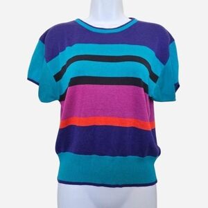 Vintage 90s Petite Illustrations Colorblock Striped Short Sleeves Knit sweater